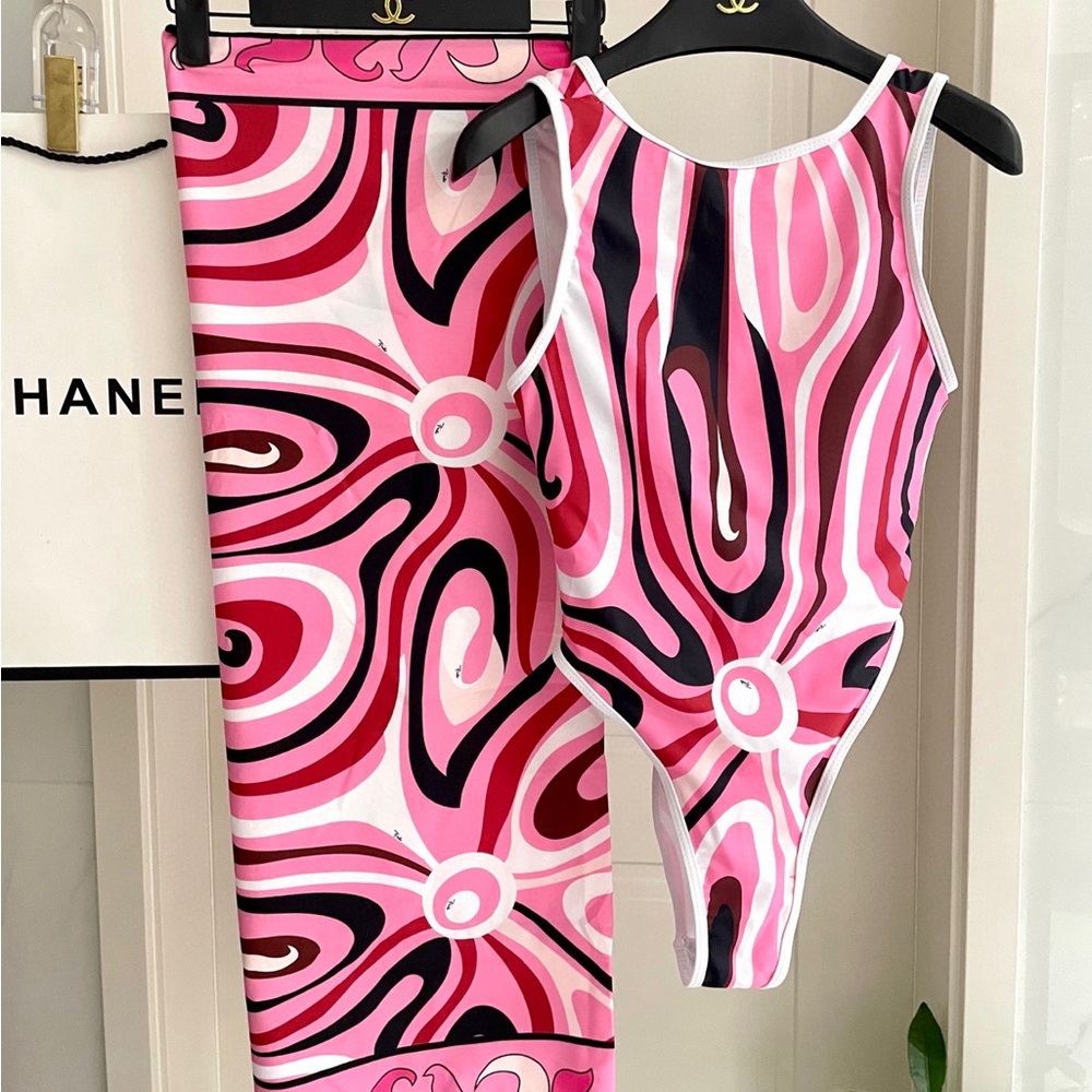 Emilio Pucci Pink and Black Swirl One Piece Swimsuit